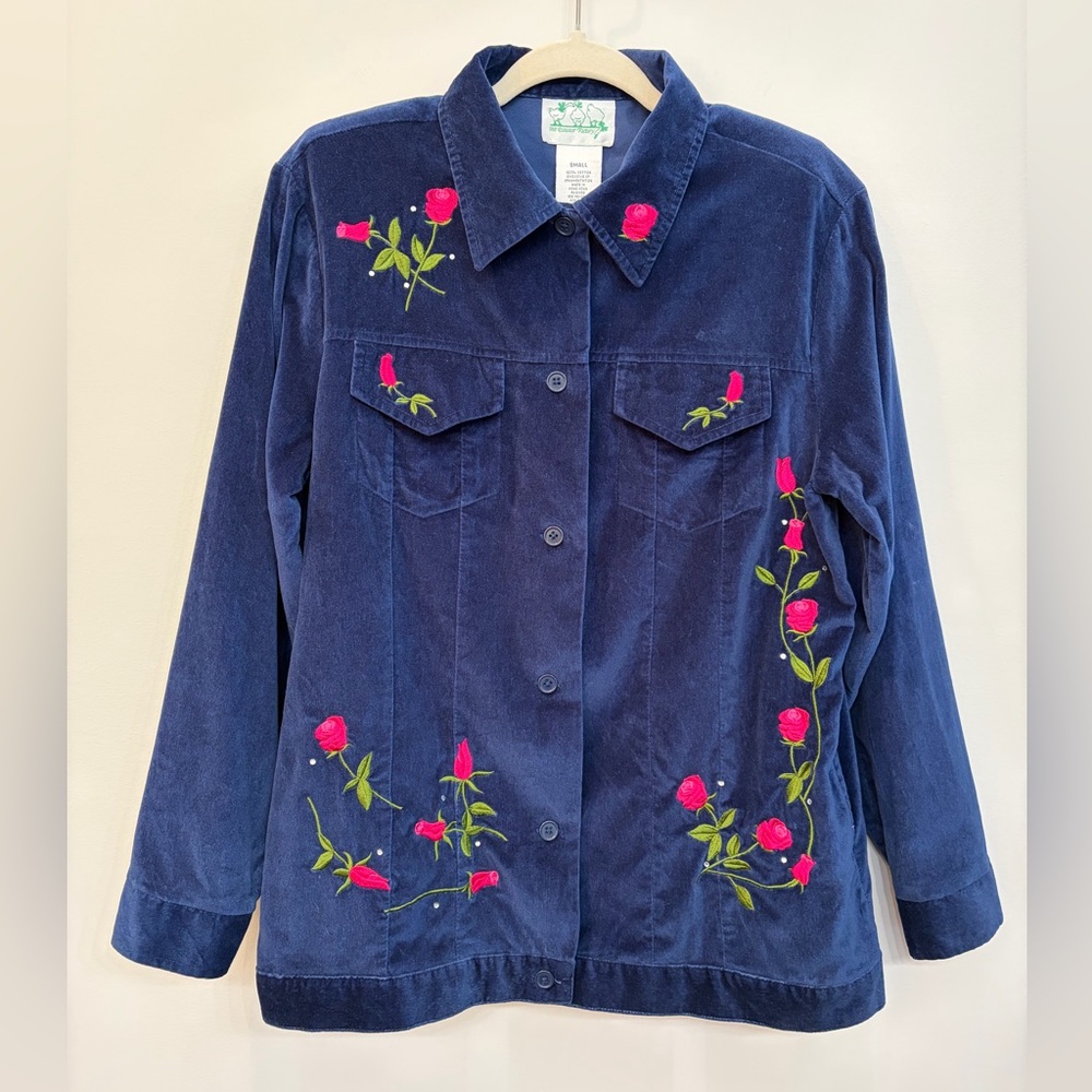 Quacker Factory Women's Blue Velvet Shacket Rose Embroidery Sparkles Button S